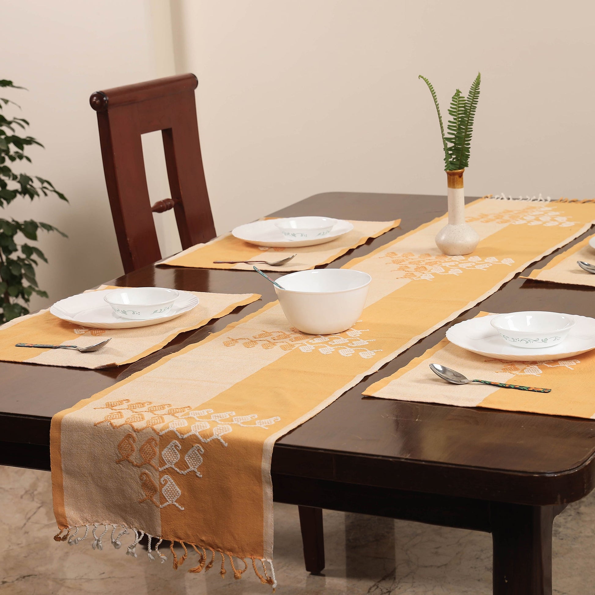 Beige - Assam Weave Dining Table Runner & Set of 4 Placemats in Handloom Cotton