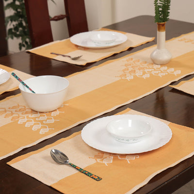 Beige - Assam Weave Dining Table Runner & Set of 4 Placemats in Handloom Cotton