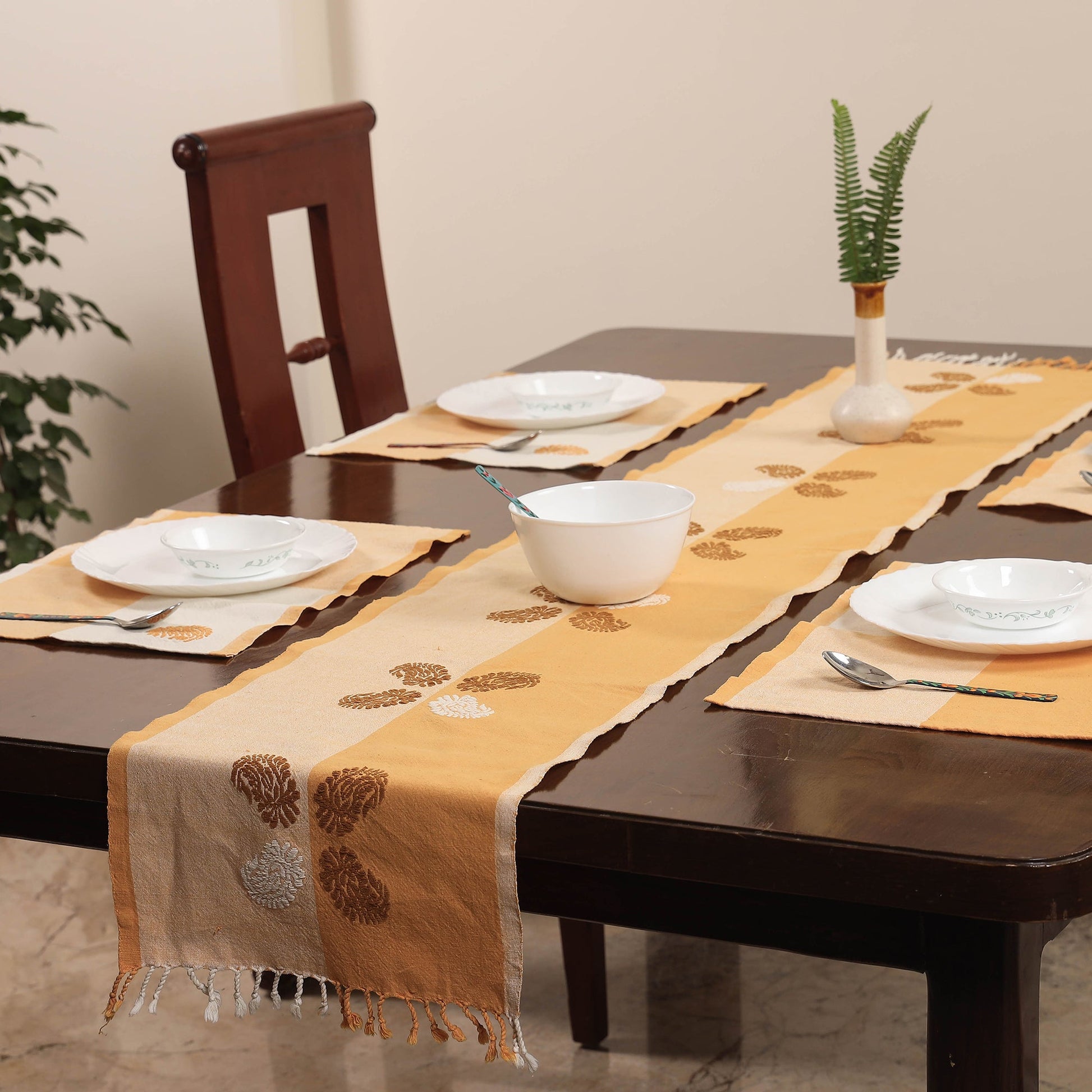 Beige - Assam Weave Dining Table Runner & Set of 4 Placemats in Handloom Cotton