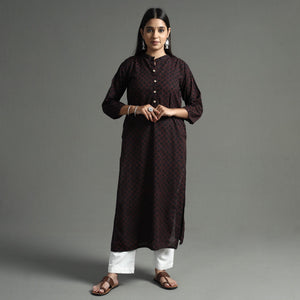 Black - Akola Block Printed Cotton Long Straight  Kurta