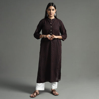 Black - Akola Block Printed Cotton Long Straight  Kurta
