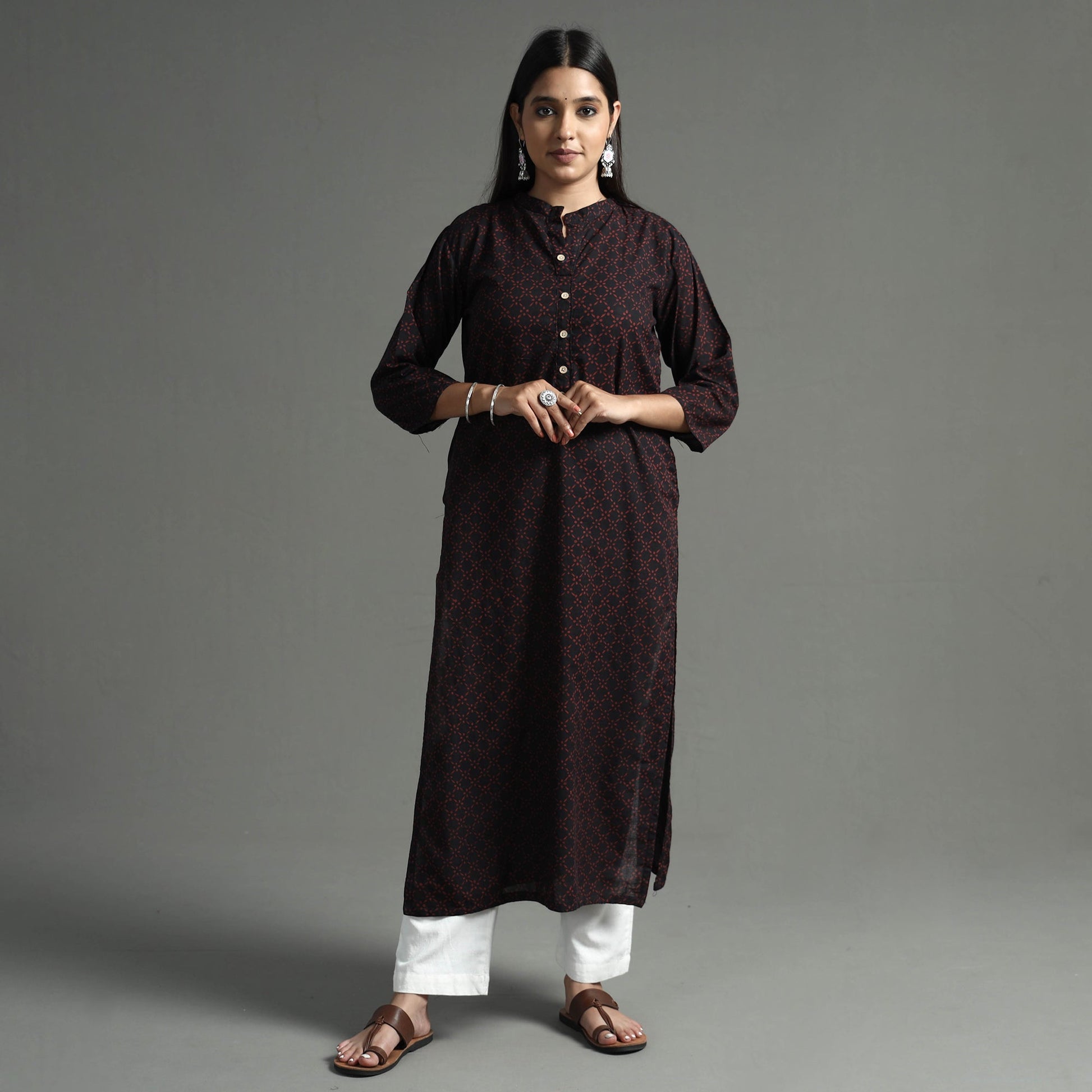 Black - Akola Block Printed Cotton Long Straight  Kurta