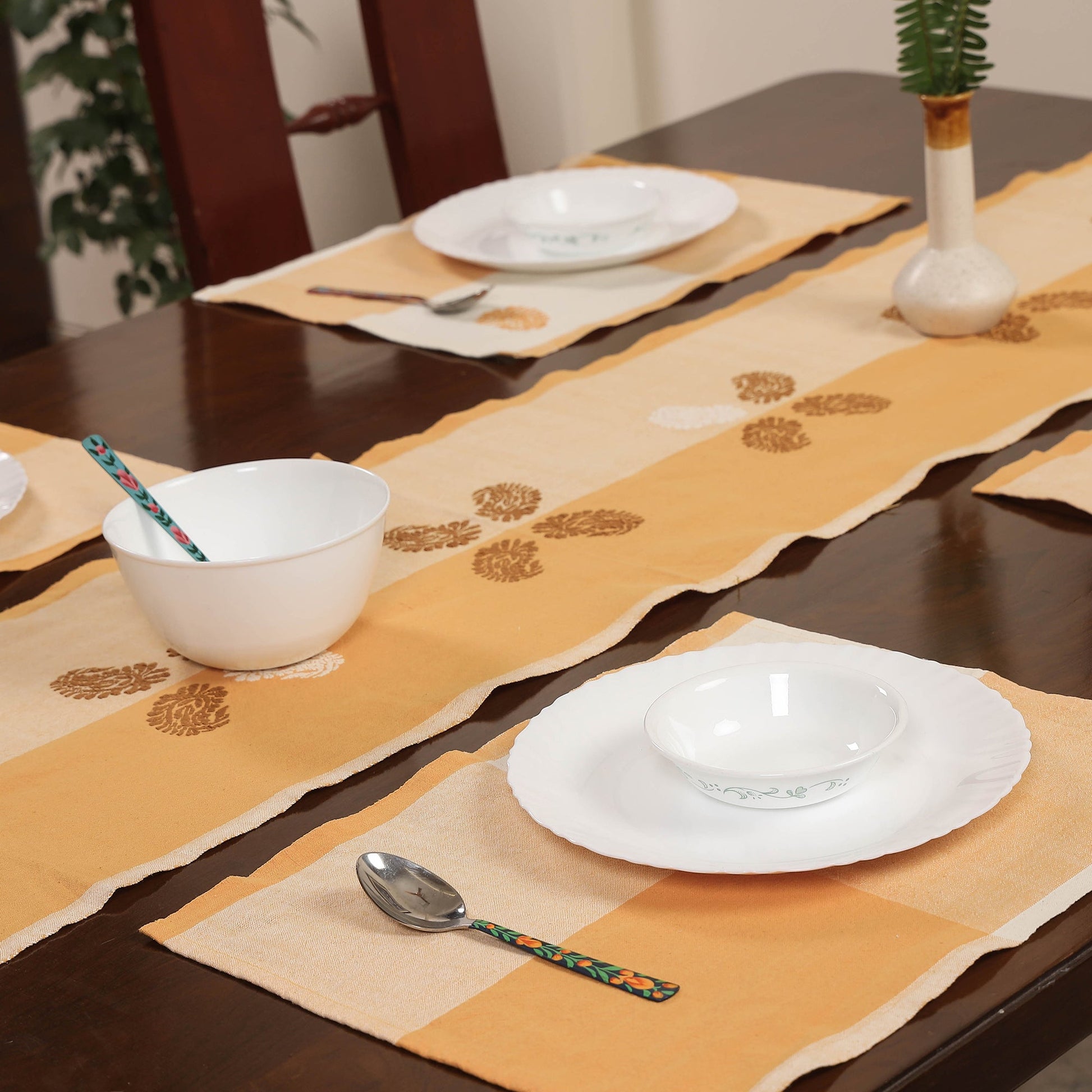 Beige - Assam Weave Dining Table Runner & Set of 4 Placemats in Handloom Cotton
