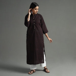 Black - Akola Block Printed Cotton Long Straight  Kurta