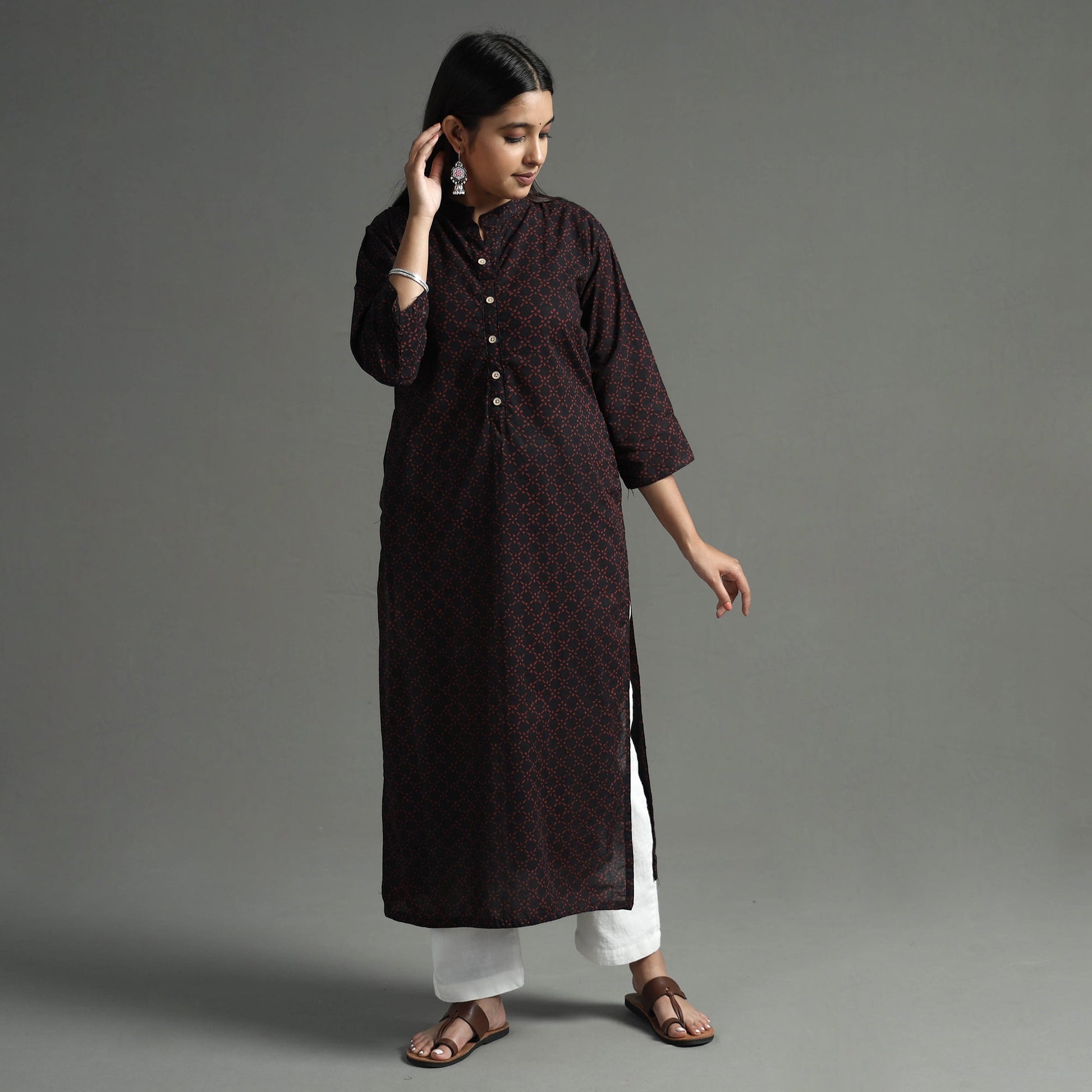 Black - Akola Block Printed Cotton Long Straight  Kurta