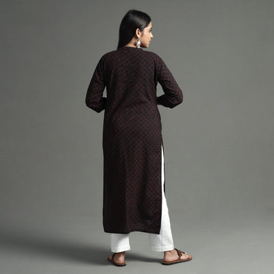 Black - Akola Block Printed Cotton Long Straight  Kurta
