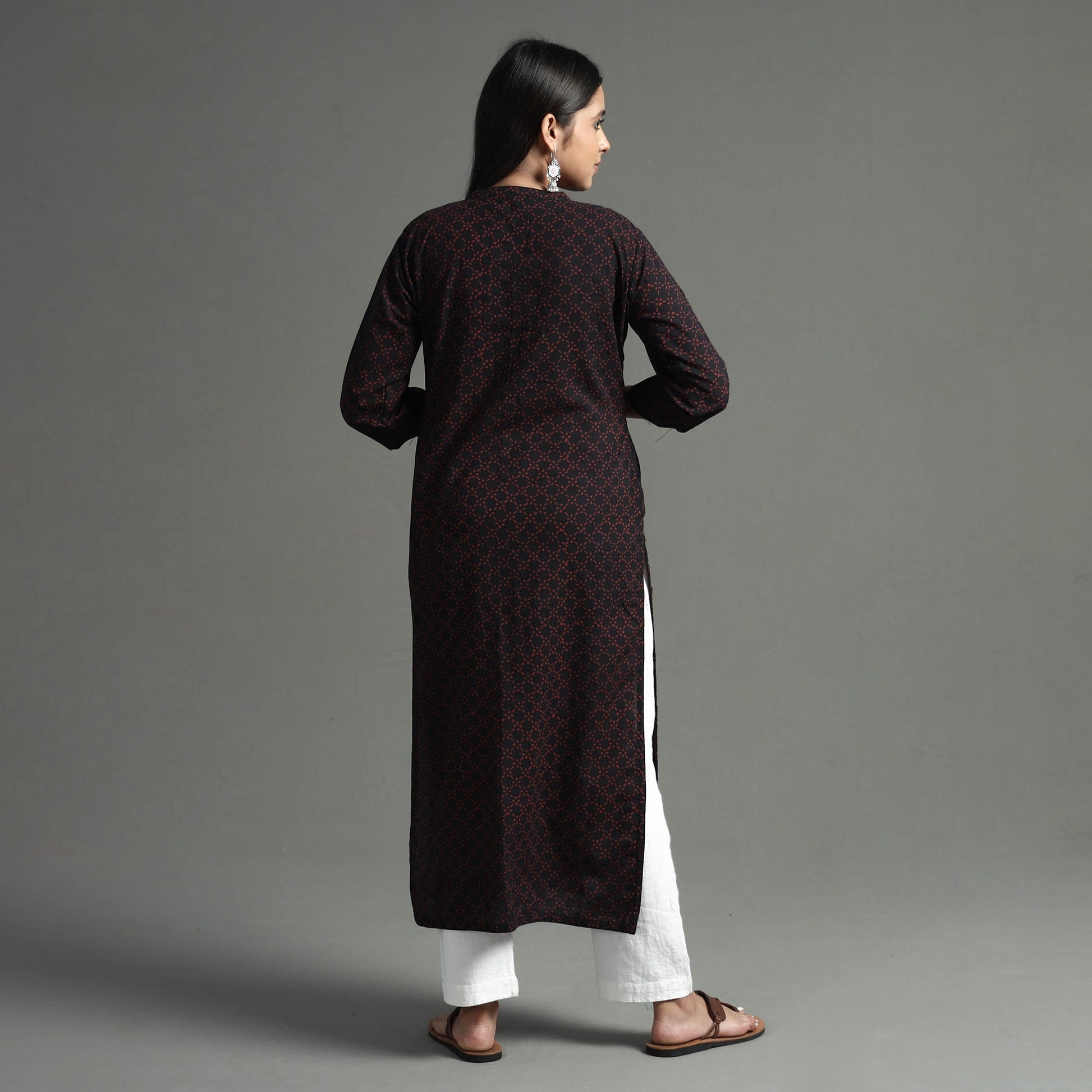 Black - Akola Block Printed Cotton Long Straight  Kurta