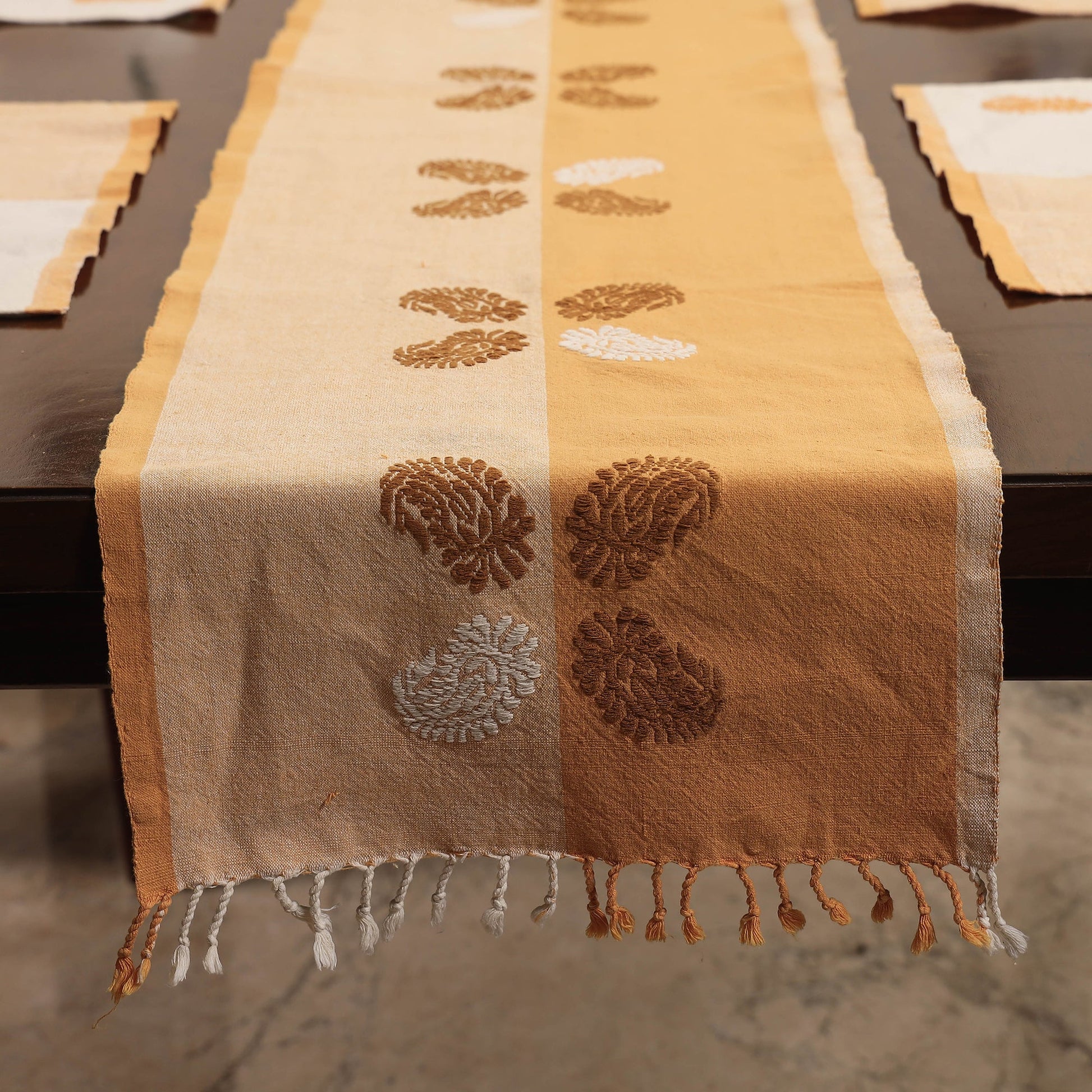 Beige - Assam Weave Dining Table Runner & Set of 4 Placemats in Handloom Cotton