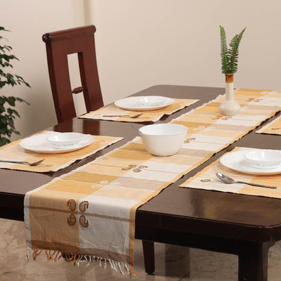 Beige - Assam Weave Dining Table Runner & Set of 4 Placemats in Handloom Cotton