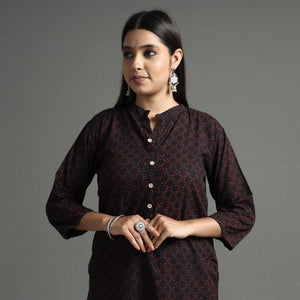 Black - Akola Block Printed Cotton Long Straight  Kurta