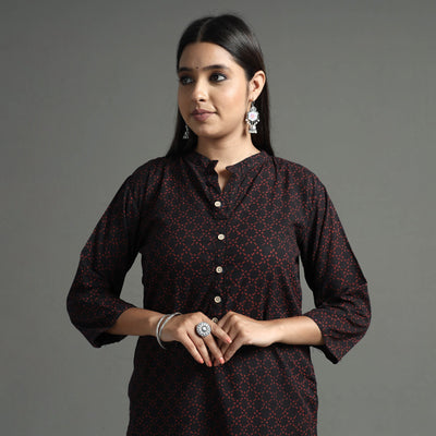Black - Akola Block Printed Cotton Long Straight  Kurta