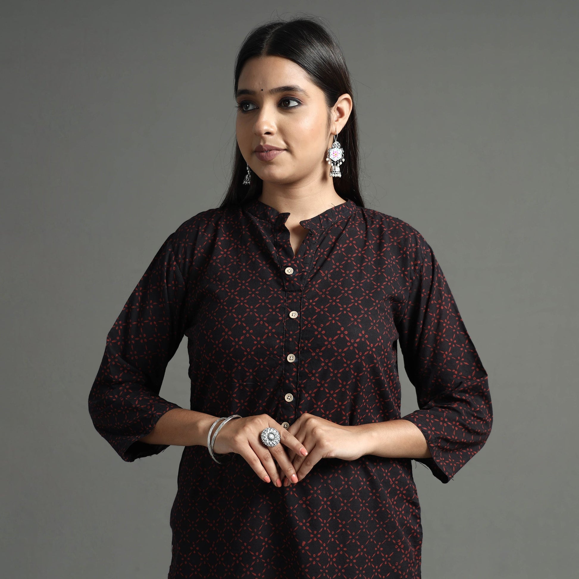 Black - Akola Block Printed Cotton Long Straight  Kurta
