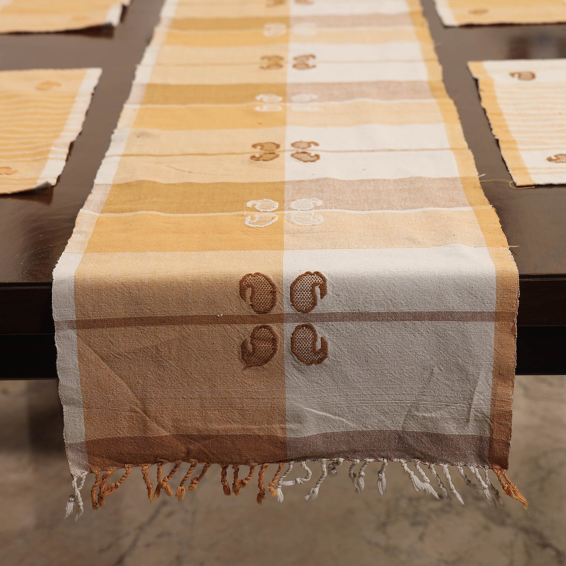 Beige - Assam Weave Dining Table Runner & Set of 4 Placemats in Handloom Cotton