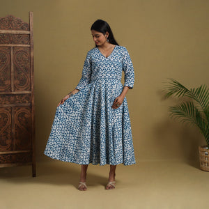 Blue - Flared Cotton Batik Print Dress 01