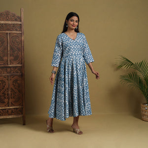 Blue - Flared Cotton Batik Print Dress 01