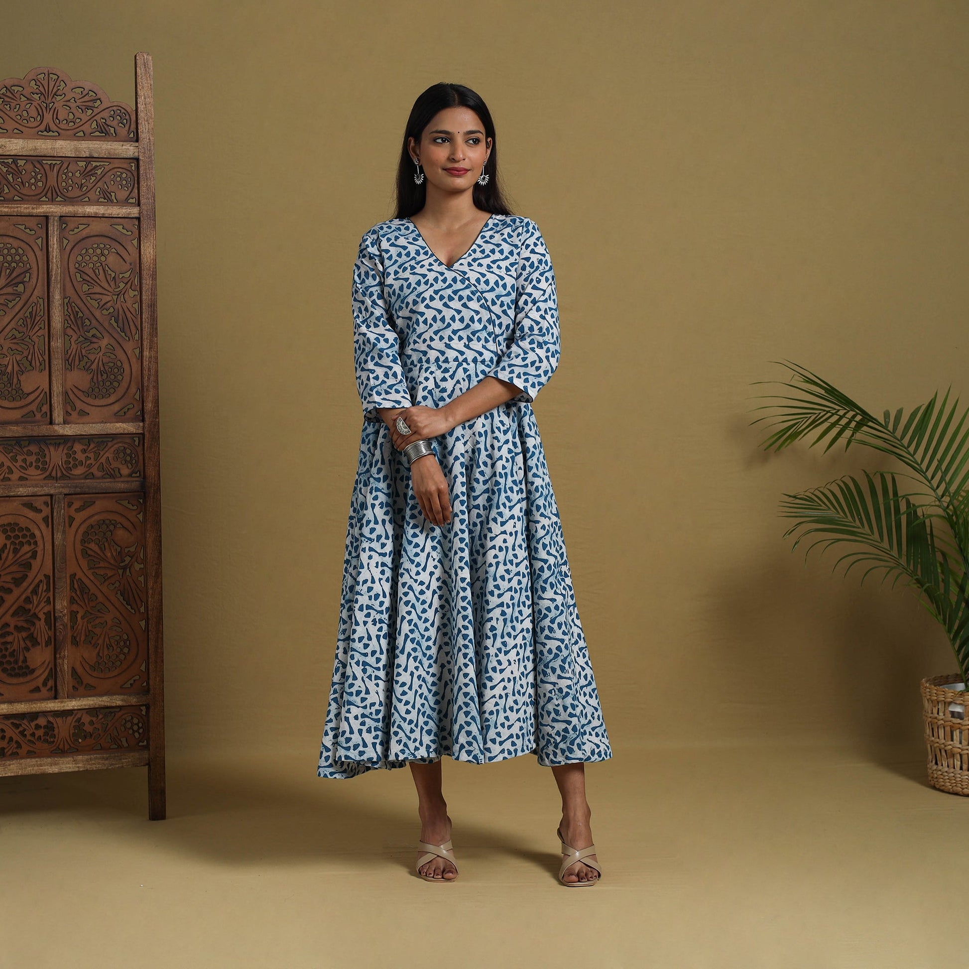 Blue - Flared Cotton Batik Print Dress 01