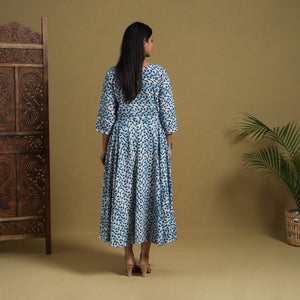 Blue - Flared Cotton Batik Print Dress 01