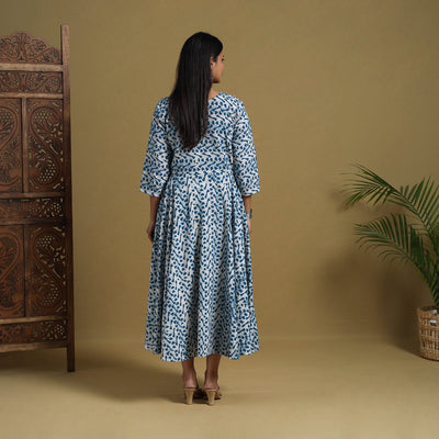 Blue - Flared Cotton Batik Print Dress 01