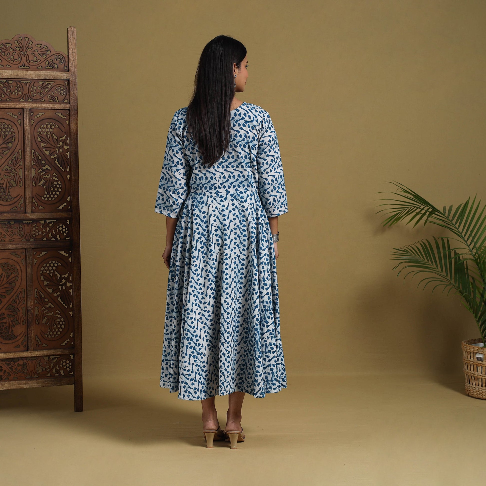 Blue - Flared Cotton Batik Print Dress 01