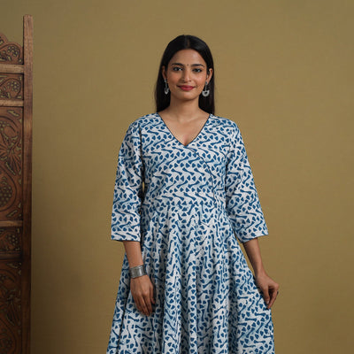 Blue - Flared Cotton Batik Print Dress 01