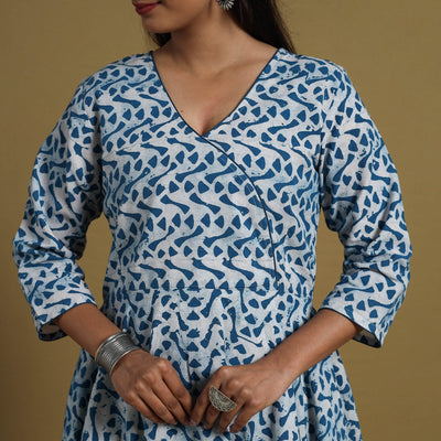 Blue - Flared Cotton Batik Print Dress 01