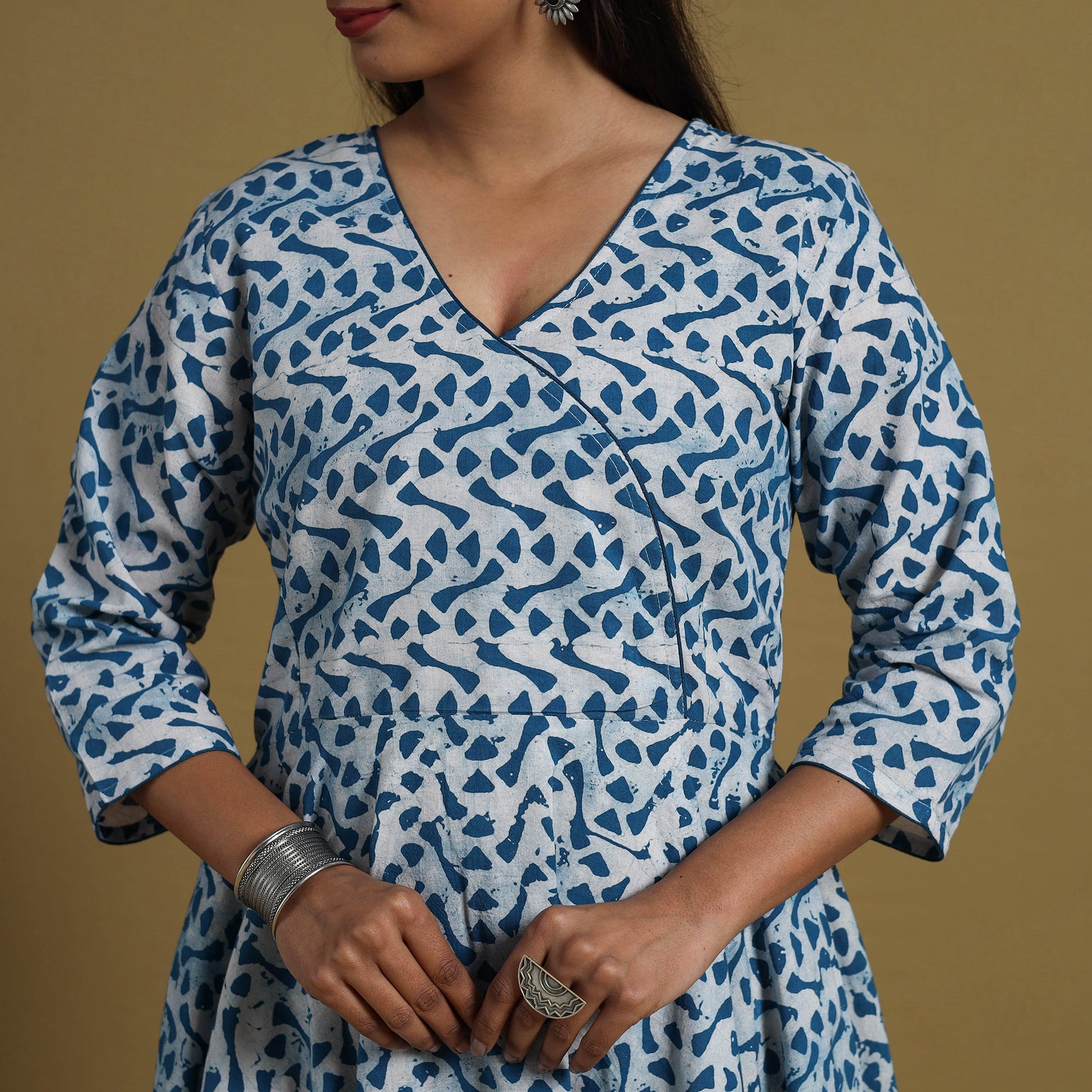 Blue - Flared Cotton Batik Print Dress 01