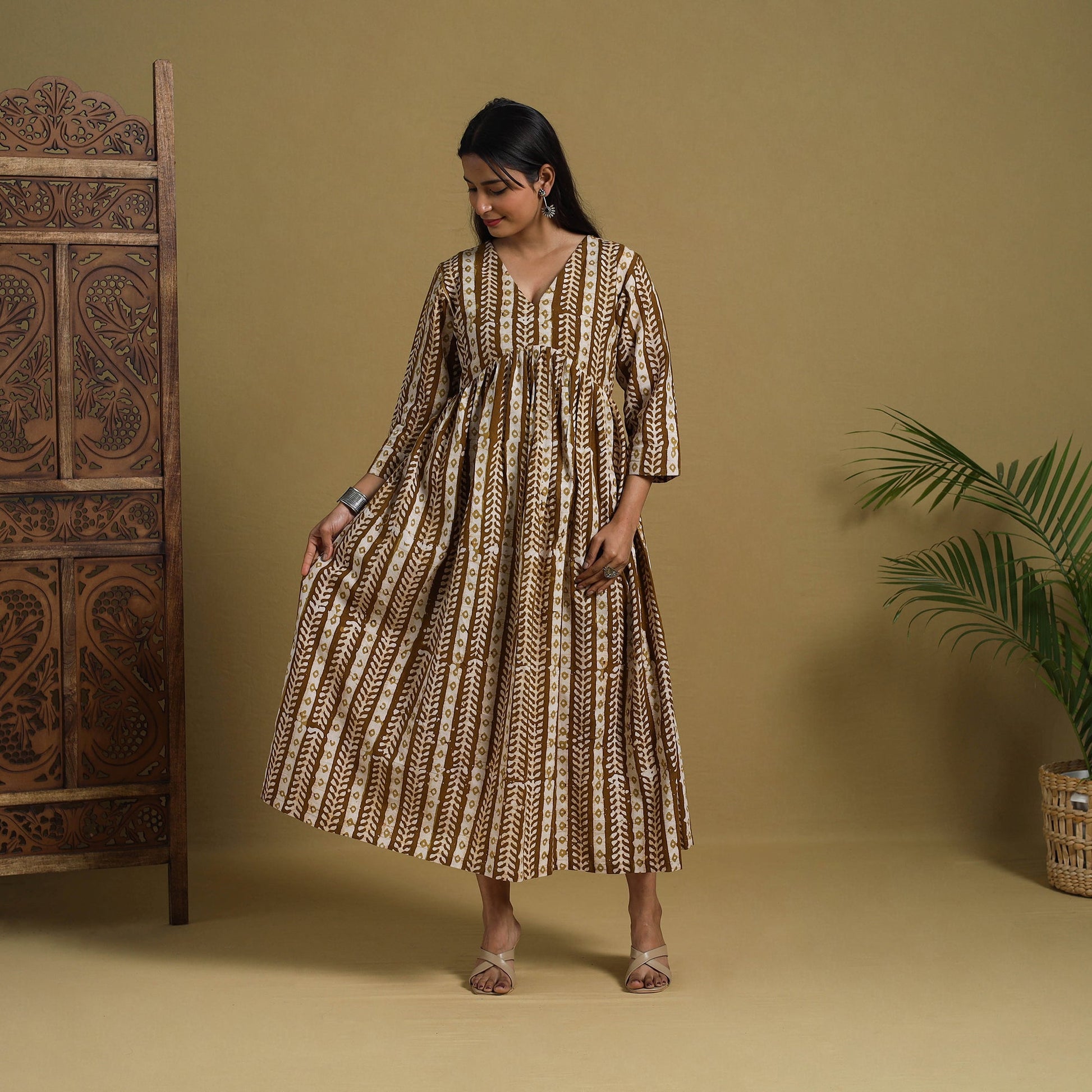 Brown - Flared Cotton Batik Print Dress 09