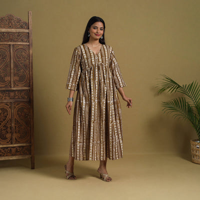 Brown - Flared Cotton Batik Print Dress 09