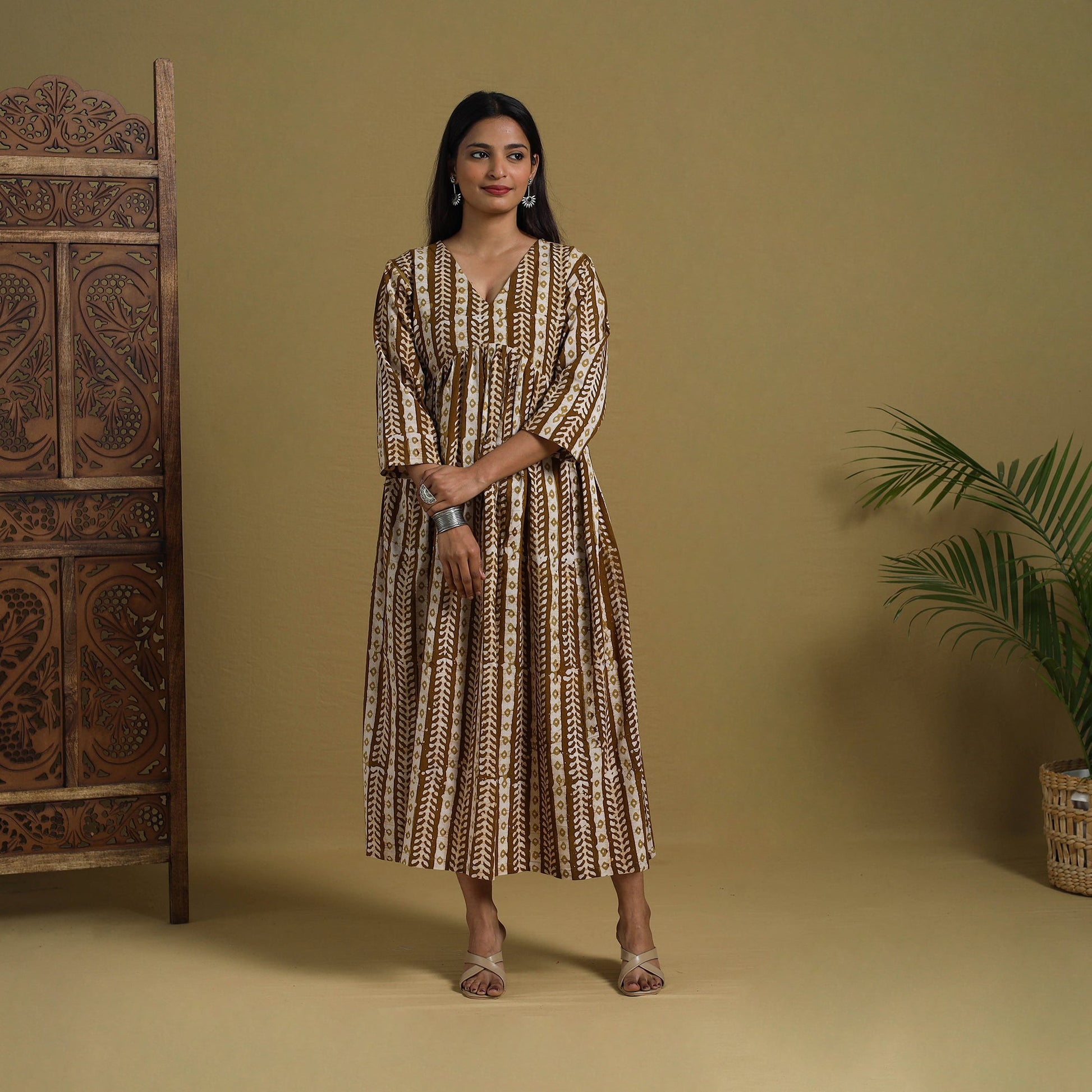 Brown - Flared Cotton Batik Print Dress 09