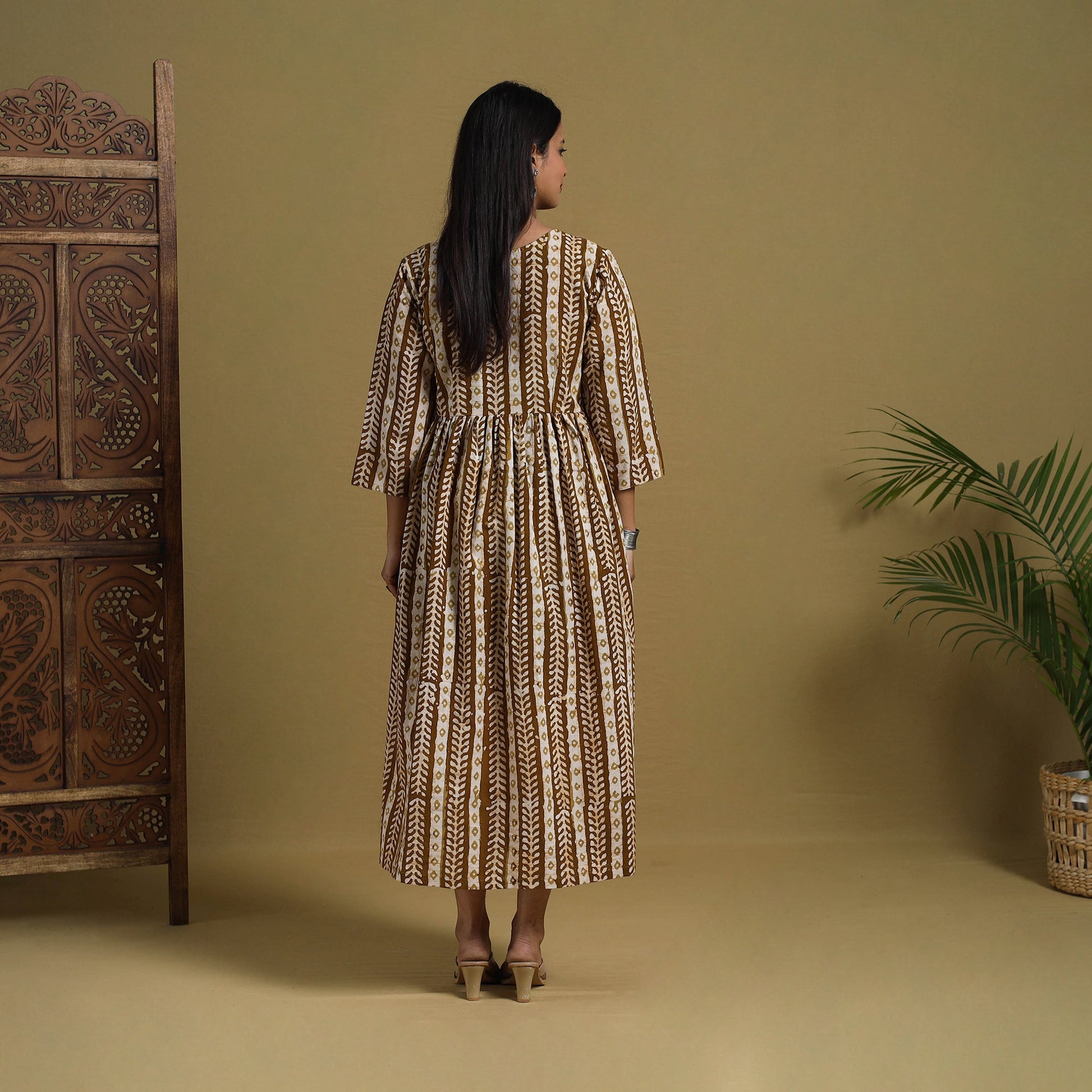 Brown - Flared Cotton Batik Print Dress 09