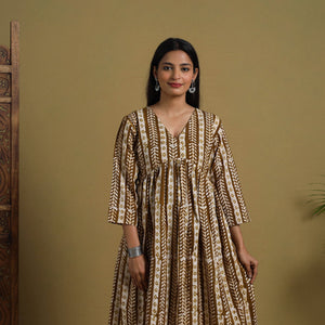 Brown - Flared Cotton Batik Print Dress 09