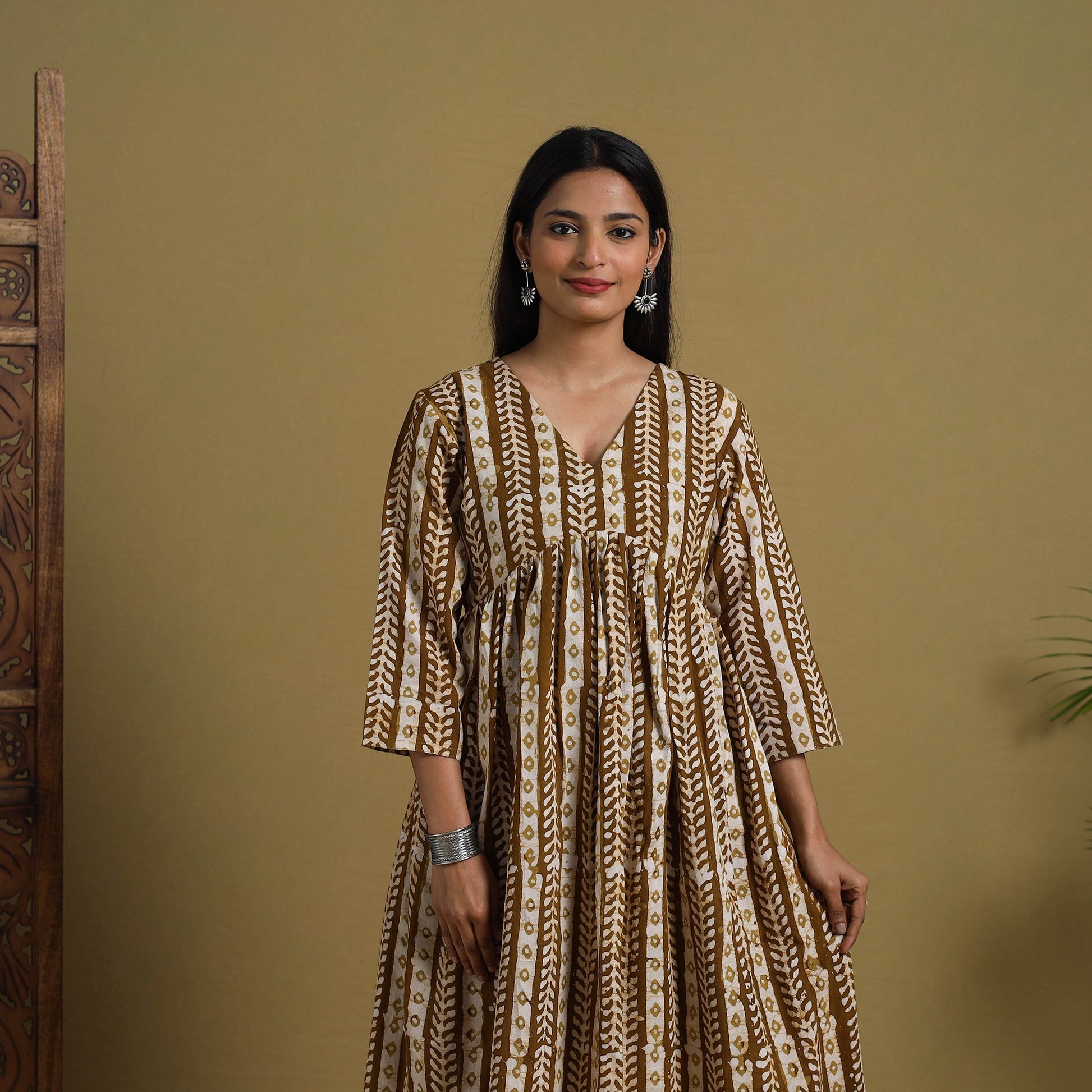 Brown - Flared Cotton Batik Print Dress 09
