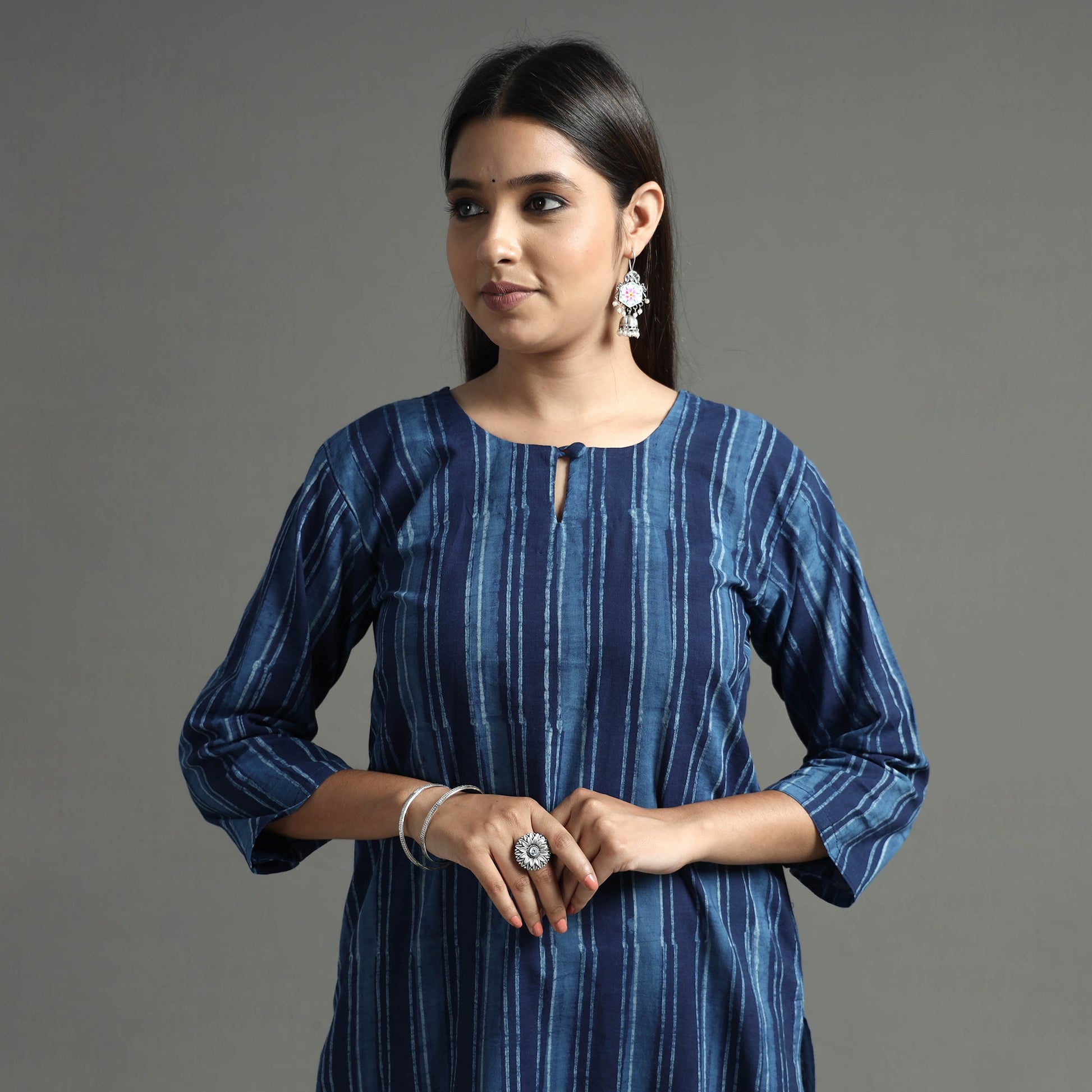 Blue - Akola Block Printed Cotton Long Straight Kurta