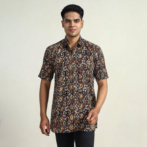 Black - Bagru Block Printed Cotton Men Half Sleeve Shirt 15
