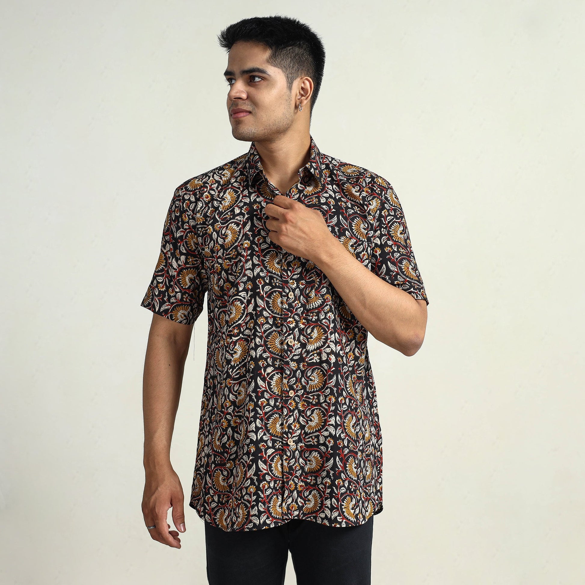 Black - Bagru Block Printed Cotton Men Half Sleeve Shirt 15