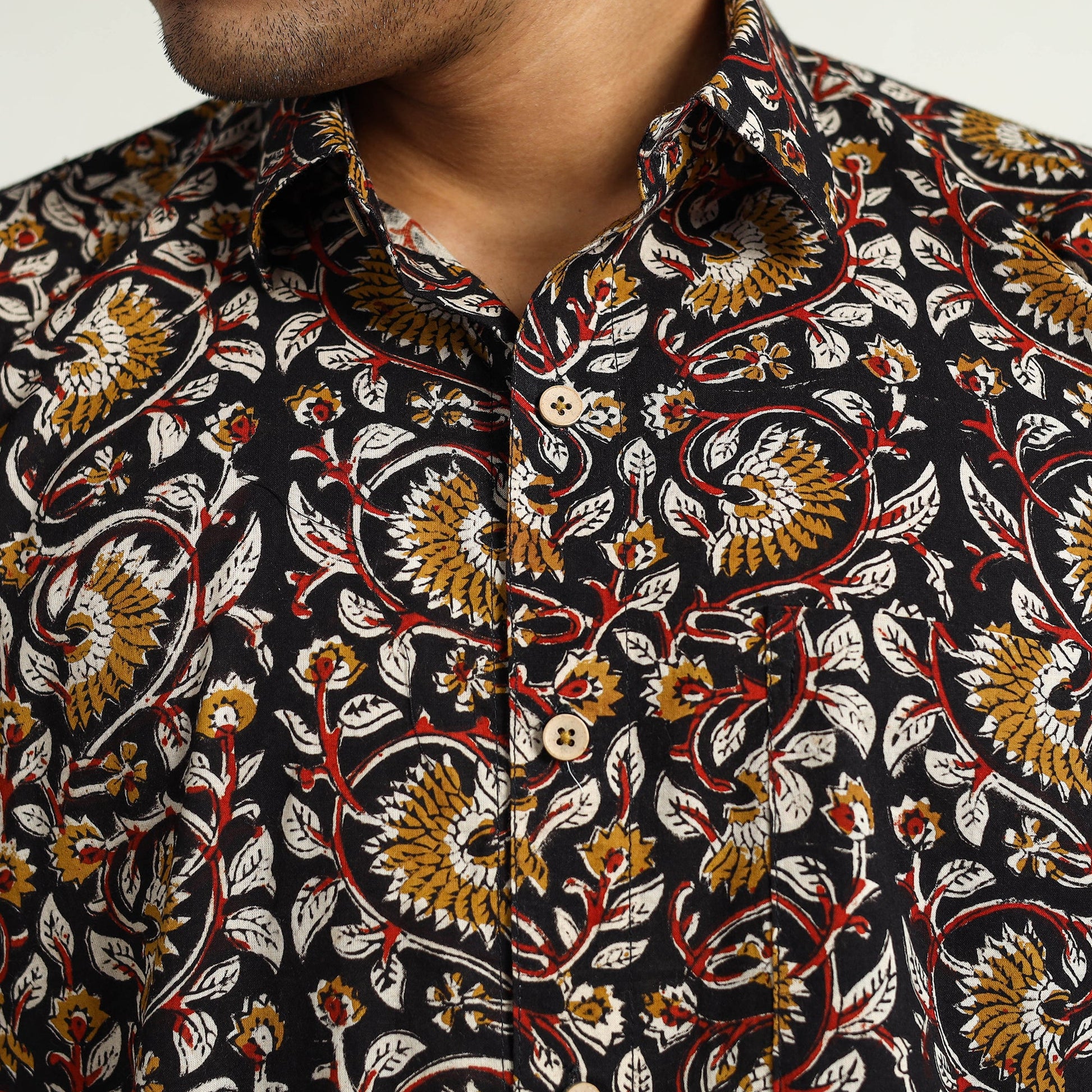 Black - Bagru Block Printed Cotton Men Half Sleeve Shirt 15
