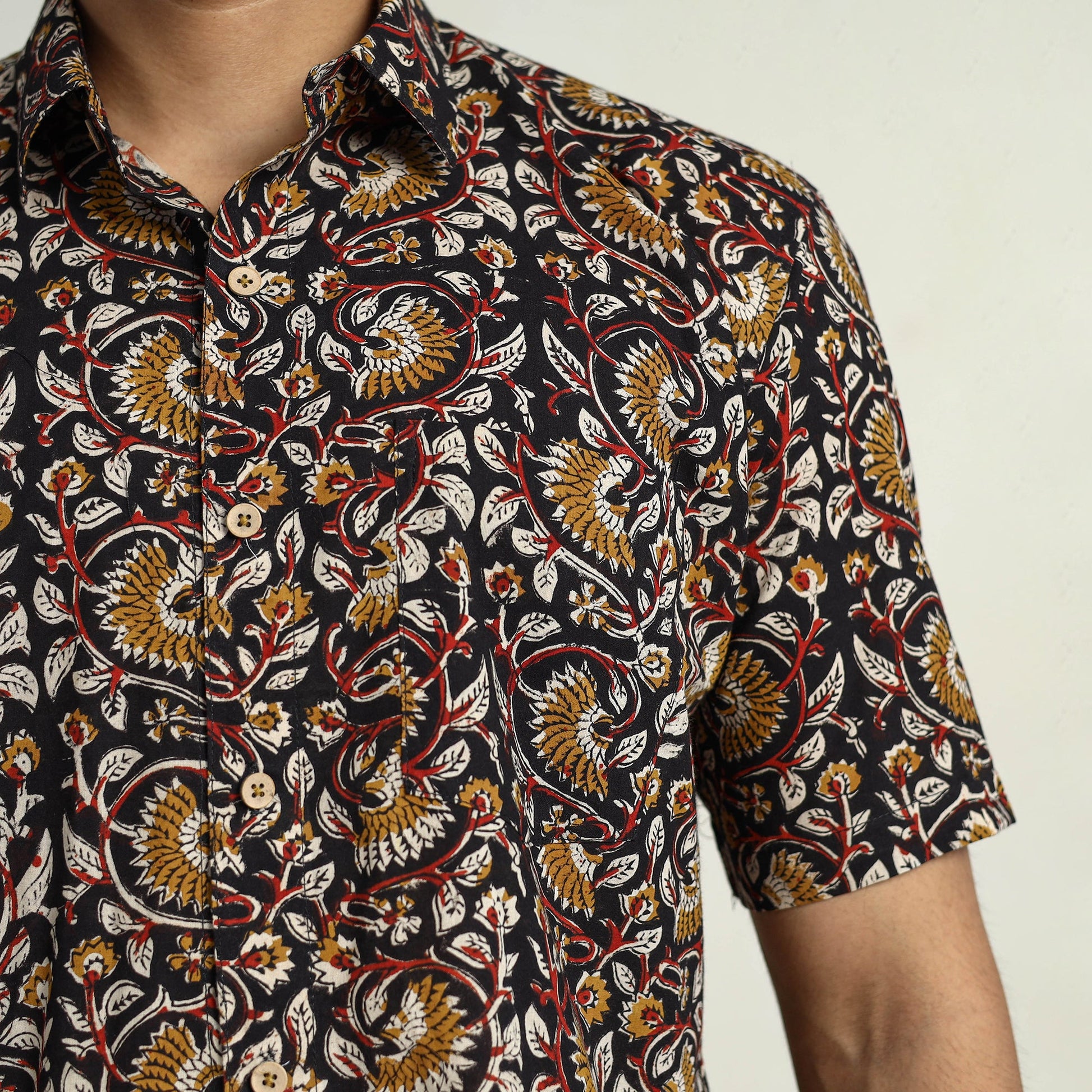 Black - Bagru Block Printed Cotton Men Half Sleeve Shirt 15