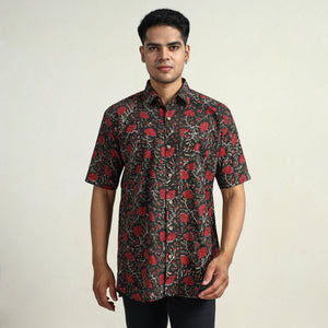 Black - Bagru Block Printed Cotton Men Half Sleeve Shirt 14