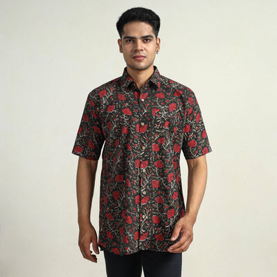 Black - Bagru Block Printed Cotton Men Half Sleeve Shirt 14