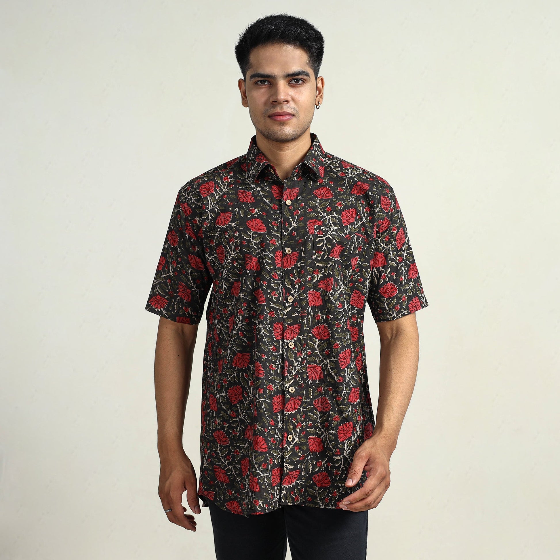 Black - Bagru Block Printed Cotton Men Half Sleeve Shirt 14