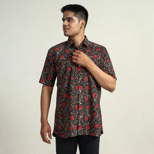 Black - Bagru Block Printed Cotton Men Half Sleeve Shirt 14