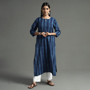 Blue - Akola Block Printed Cotton Long Straight Kurta