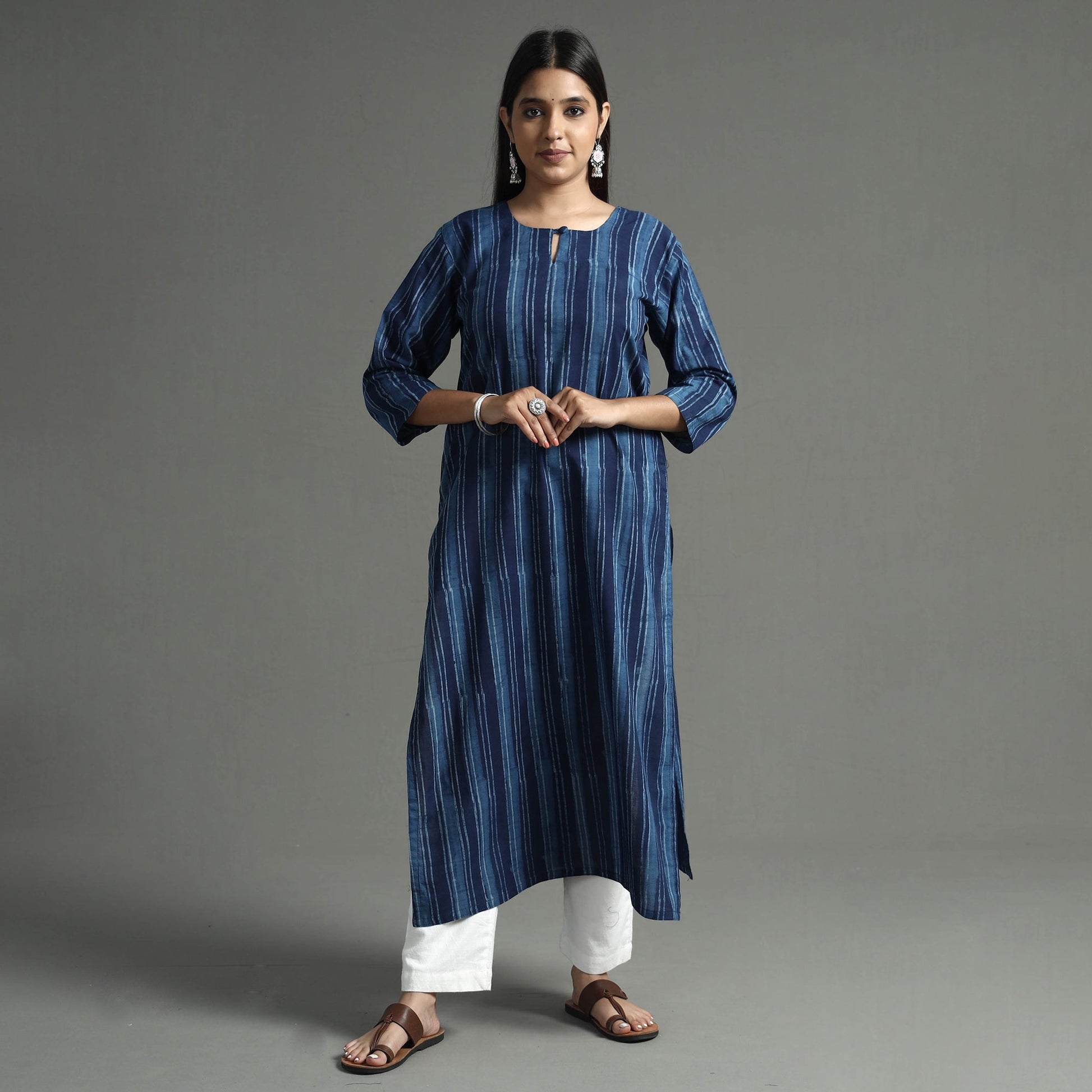 Blue - Akola Block Printed Cotton Long Straight Kurta