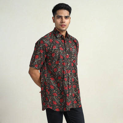 Black - Bagru Block Printed Cotton Men Half Sleeve Shirt 14