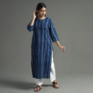 Blue - Akola Block Printed Cotton Long Straight Kurta