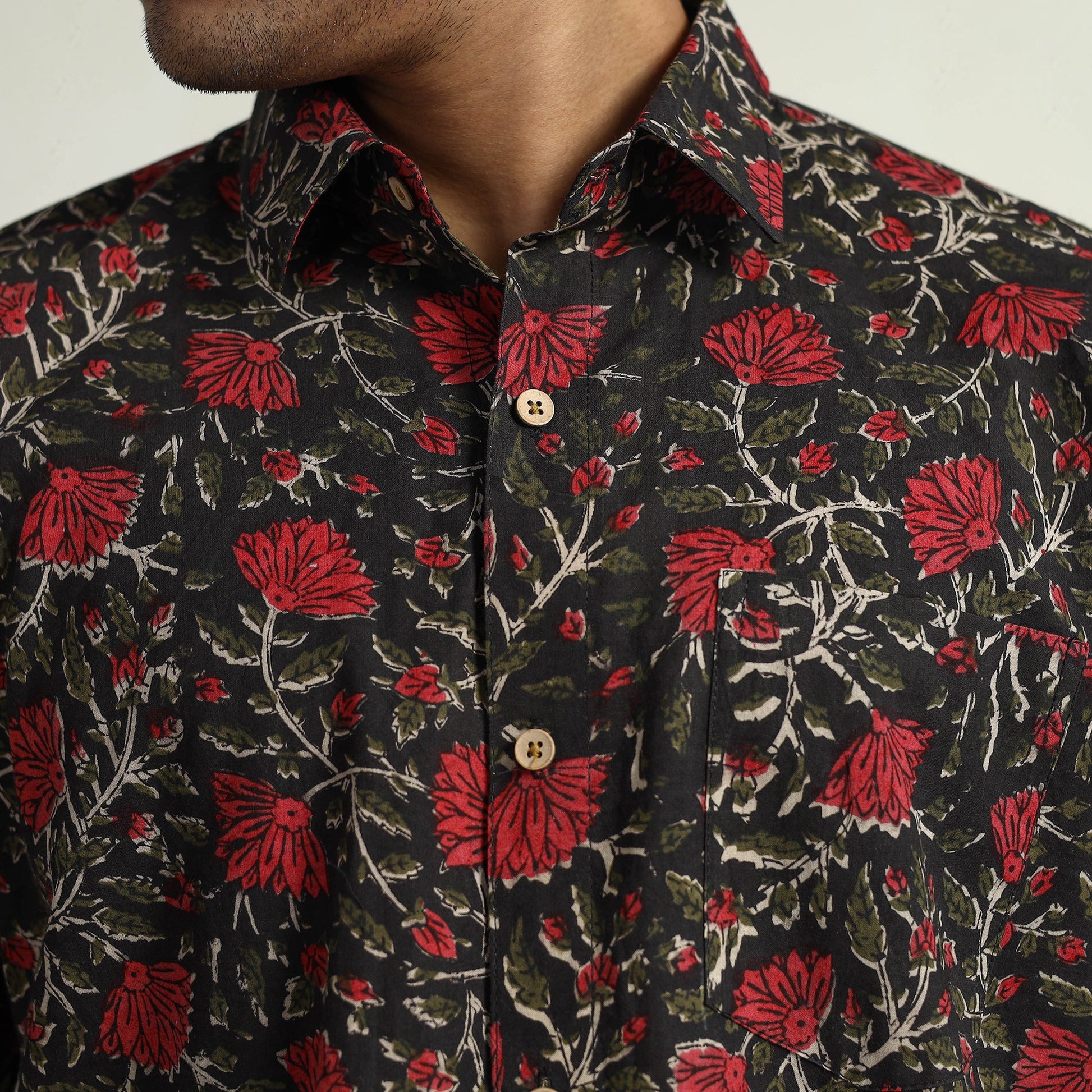 Black - Bagru Block Printed Cotton Men Half Sleeve Shirt 14