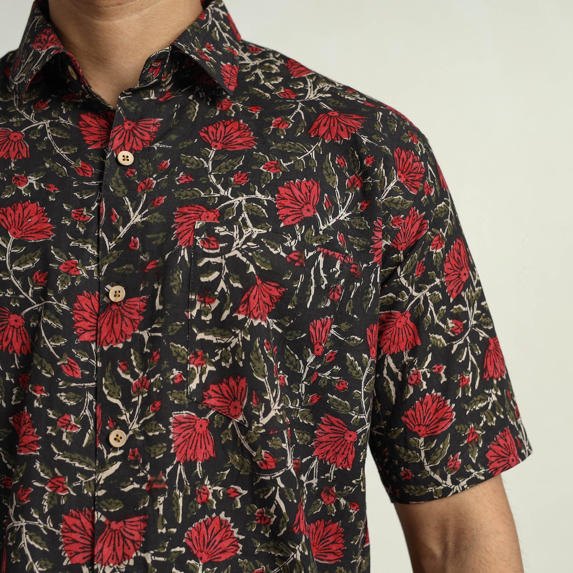 Black - Bagru Block Printed Cotton Men Half Sleeve Shirt 14
