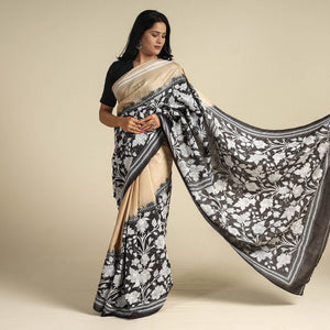 Black - Bengal Kantha Embroidery Handloom Tussar Silk Saree