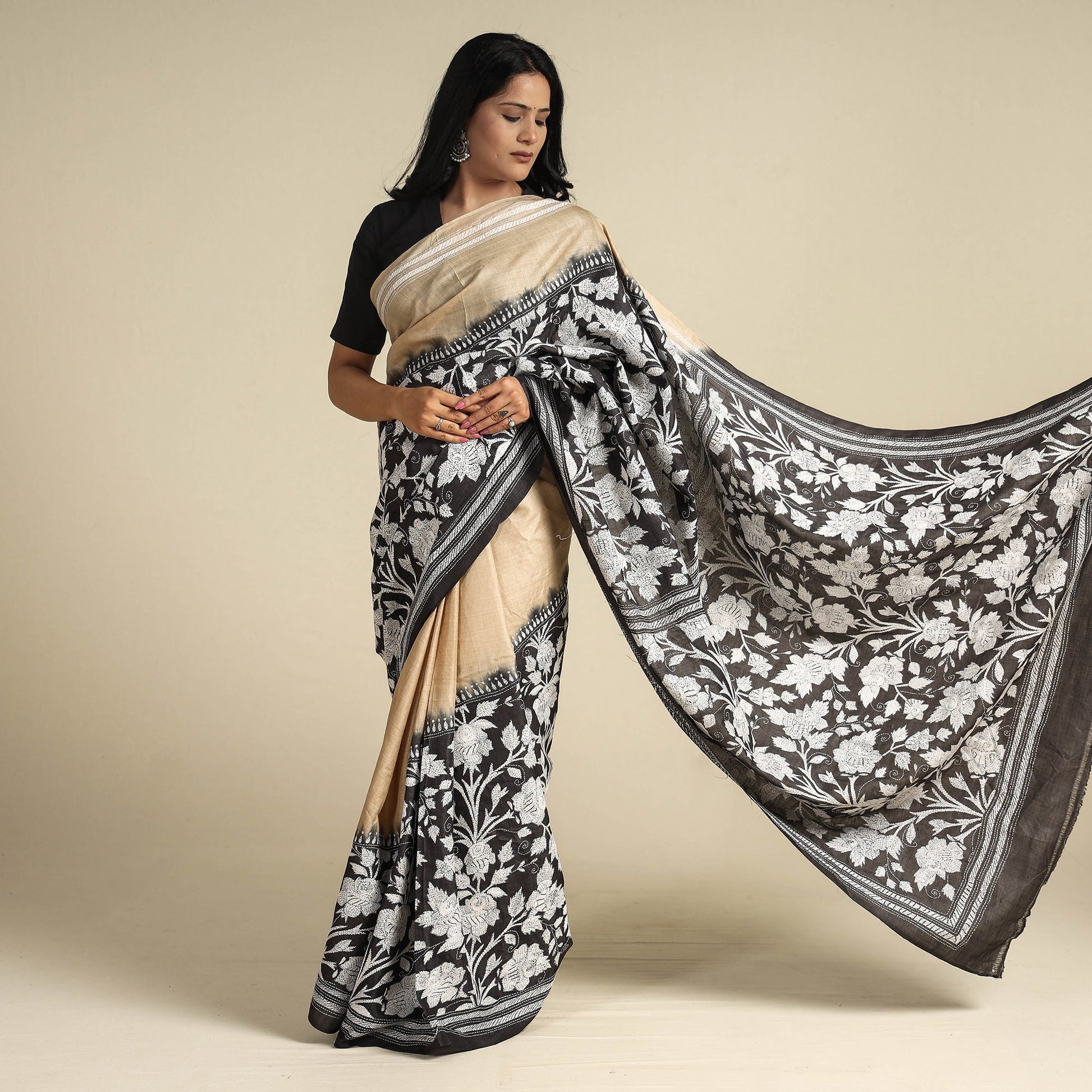 Black - Bengal Kantha Embroidery Handloom Tussar Silk Saree