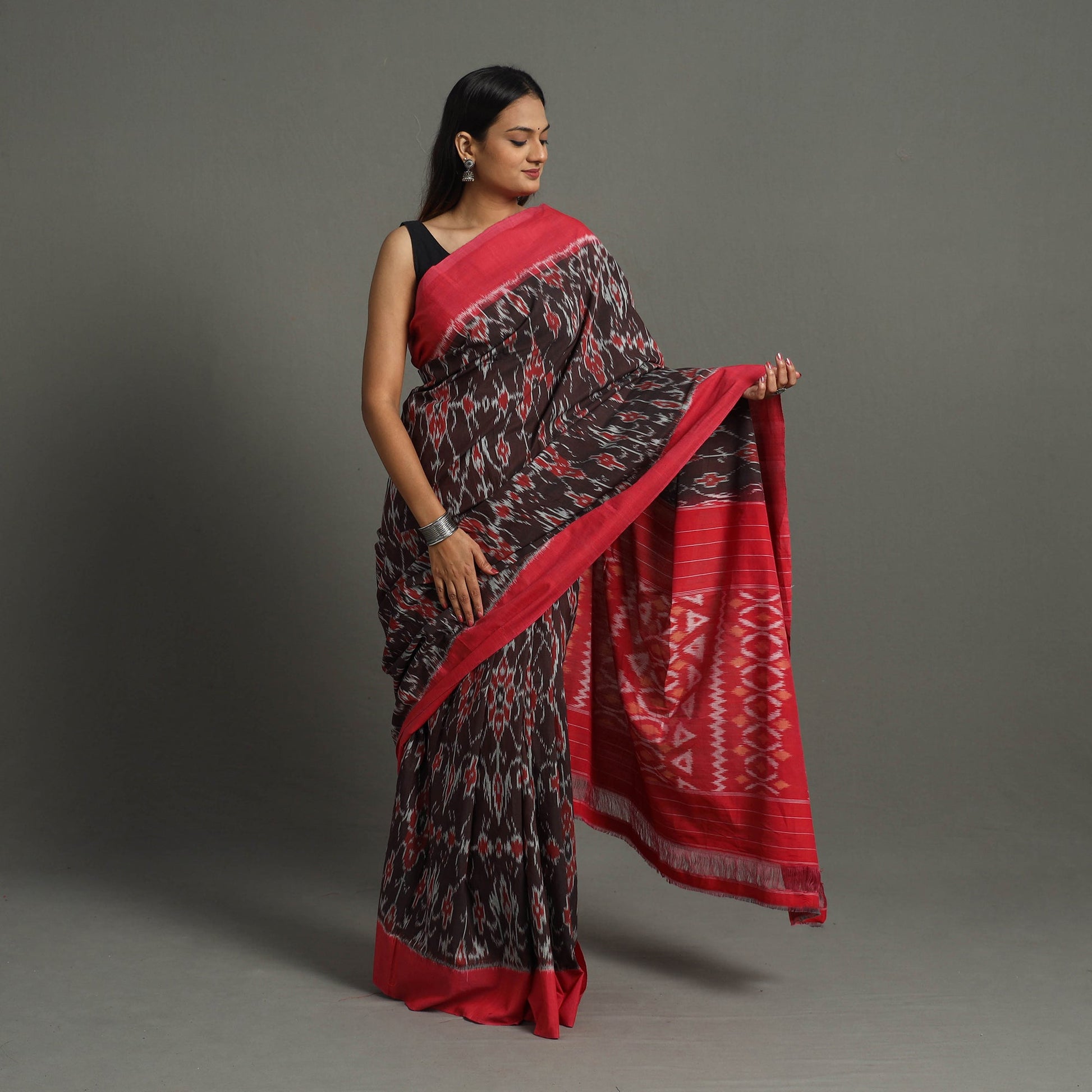 Brown - Mercerised Cotton Handloom Pochampally Ikat Saree 44